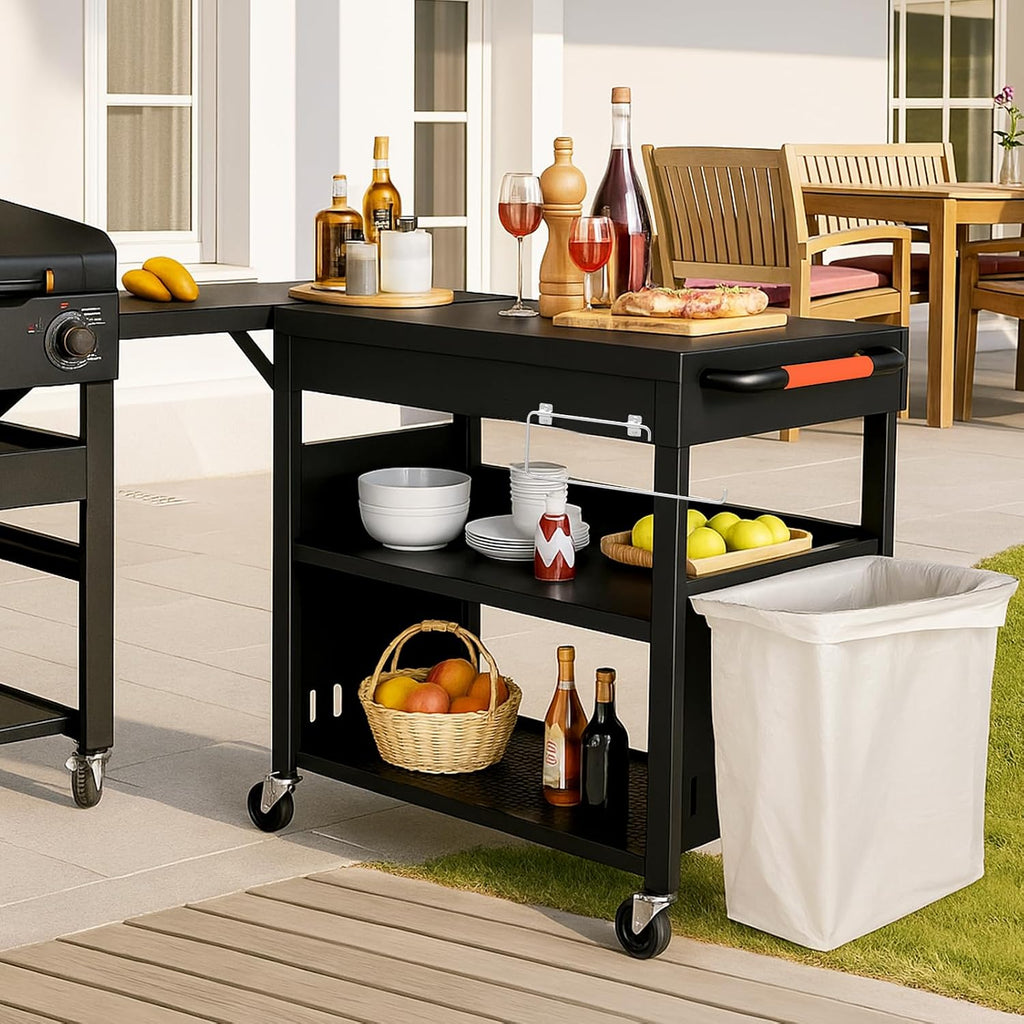 Outdoor Grill Table Cart for Blackstone 28'/36' Omnivore Griddle, 50' x 22' Large Outdoor Kitchen Island with Foldable Side Table for Blackstone 17'/22' Griddle, Home BBQ, Tailgates, Cookouts