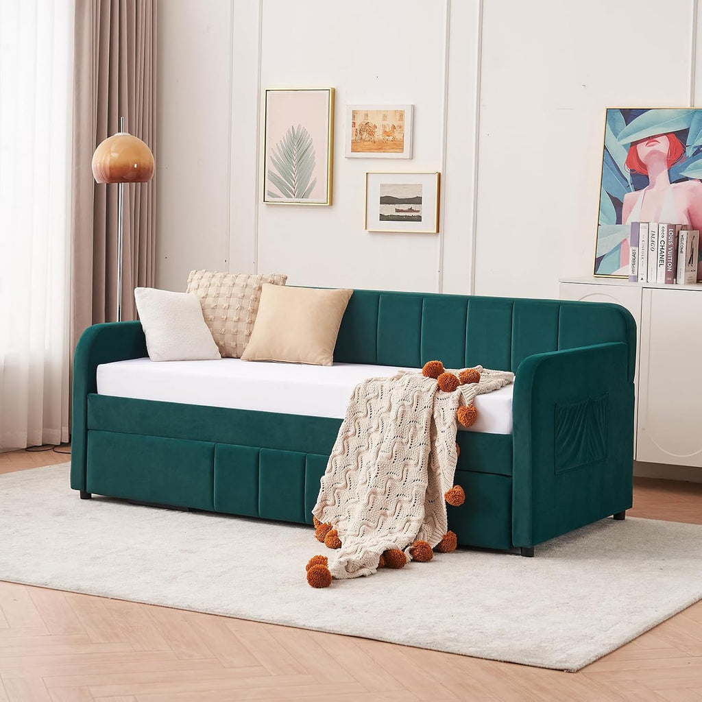 Twin to King Daybed with Trundle, USB Ports, Velvet Upholstered Daybed with Pop Up Trundle Bed, Modern Extendable Day Bed Frame for Kid Adult Bedroom Living Room Guest Room Small Places Emerald