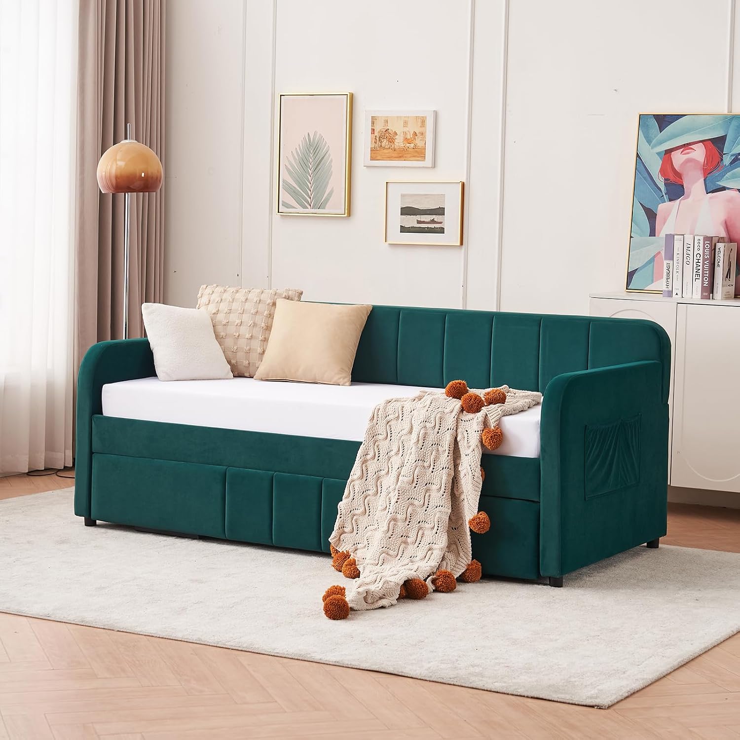 Twin to King Daybed with Trundle, USB Ports, Velvet Upholstered Daybed with Pop Up Trundle Bed, Modern Extendable Day Bed Frame for Kid Adult Bedroom Living Room Guest Room Small Places Emerald