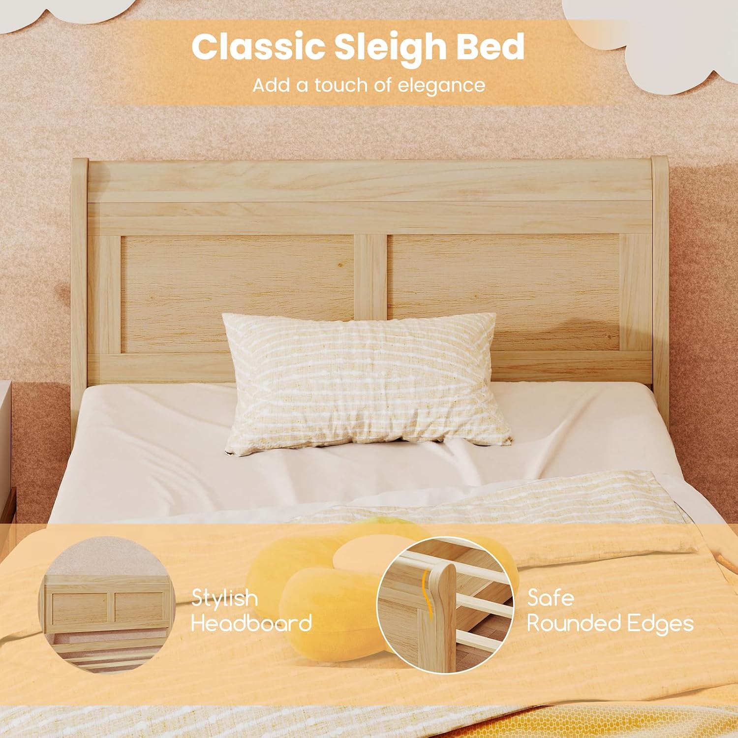 KOMFOTT Twin Bed with 2 Drawers, Twin Storage Bed with Headboard & Footboard, Sleigh Wood Bed Frame with Wooden Slats Support for Kids, Teens, Adults, No Box Spring Needed (Natural)