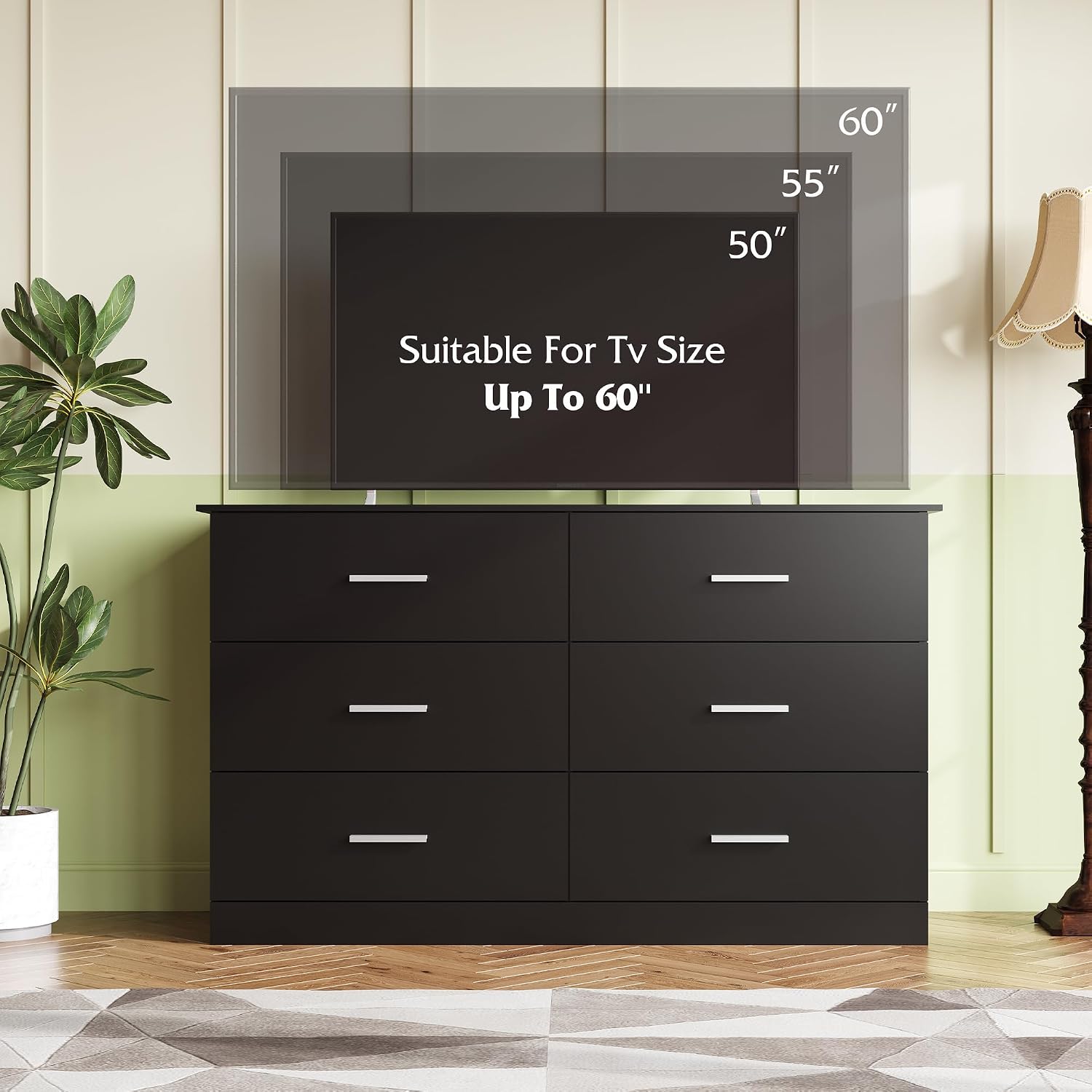 WLIVE Wood Dresser for Bedroom, Black 53'' Wide Chest of Drawers with 6 Drawer, Oak Furniture Large Storage Tower Unit, Closet Store Organizer for Living Room, Hallway, TV Stand, Modern Minimalist
