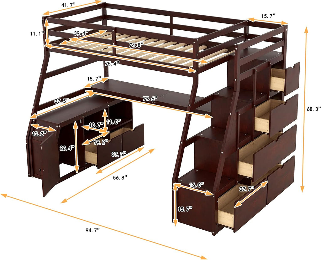 Bellemave Twin Size Loft Bed with Stairs and Desk, Wood Loft Beds with Cabinet and 7 Drawers, High Loft Bed Frame with Shelves and Step for Kids, Teen, Boys, Girls, Espresso