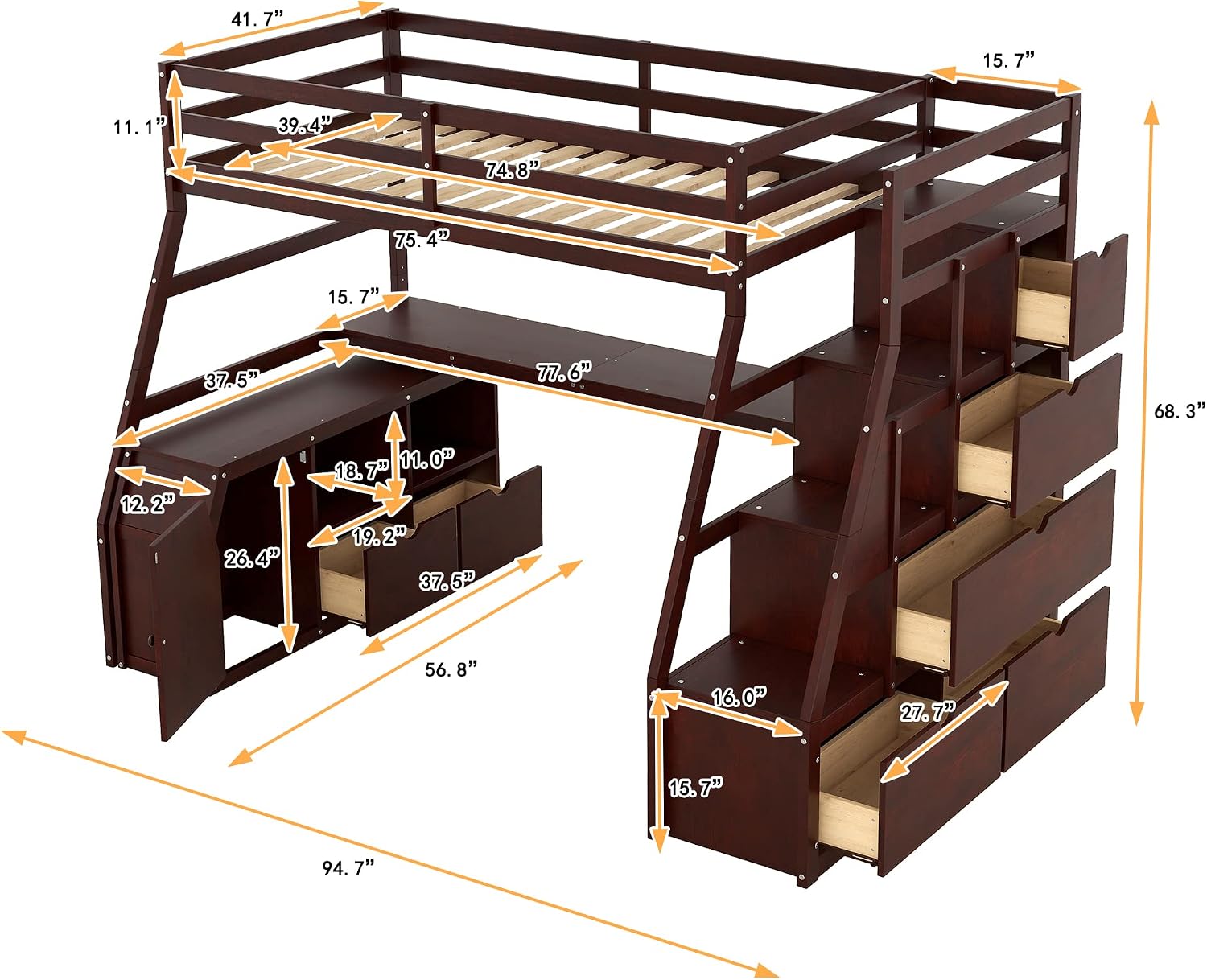 Bellemave Twin Size Loft Bed with Stairs and Desk, Wood Loft Beds with Cabinet and 7 Drawers, High Loft Bed Frame with Shelves and Step for Kids, Teen, Boys, Girls, Espresso