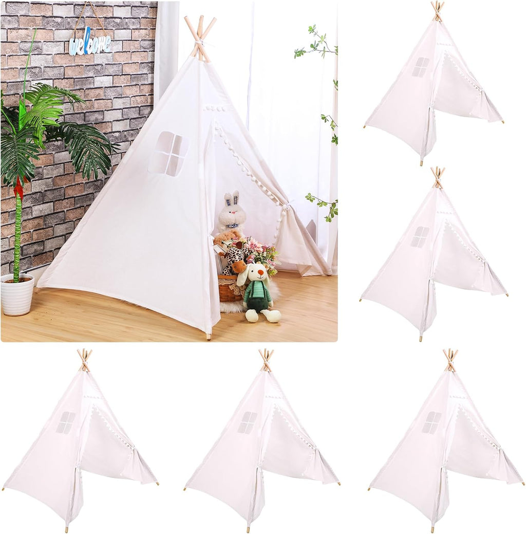 Windyun 6 Pcs Kids Teepee Tent Foldable Washable Indoor Outdoor for Boys Girls Toddler Boho Sleepovers Birthday Pajama Party Spa Supplies(63 Inch,White)