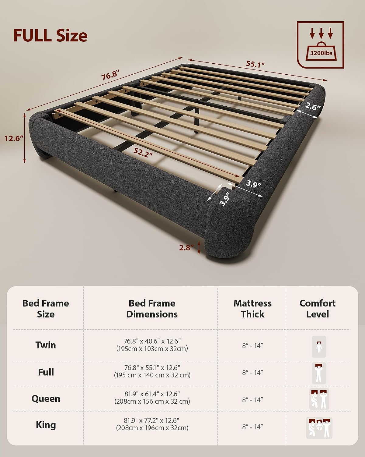 Cloud Full Size Platform Bed Frame, Soft Boucle Bed Frame with Round Corner, Upholstered Bedframe Full with Heavy Duty Wood Slat, No Box Spring Needed, Easy Assembly, Grey