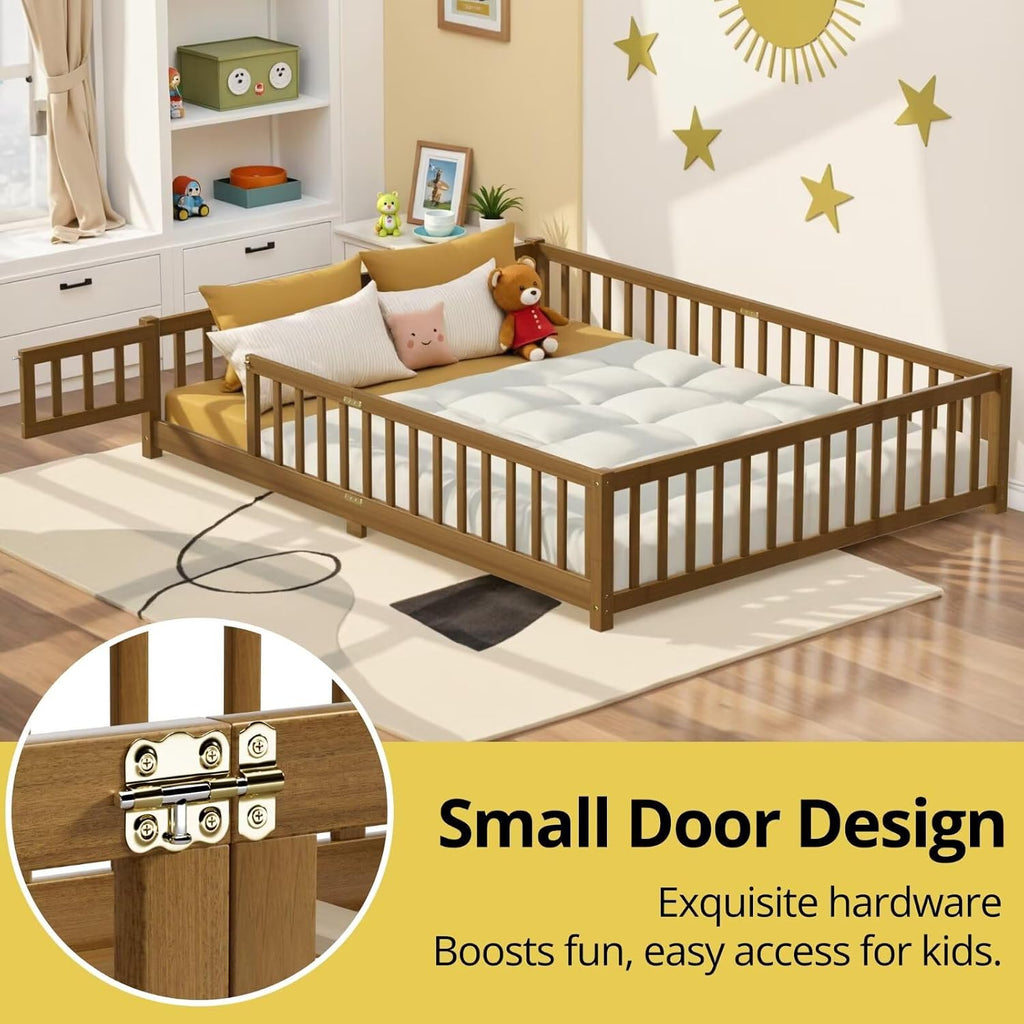 i-POOK Queen Floor Bed Frame with Wood Slats, High Fence & Small Door, Pinewood Montessori Floor Bed for Girls and Boys,Light Espresso