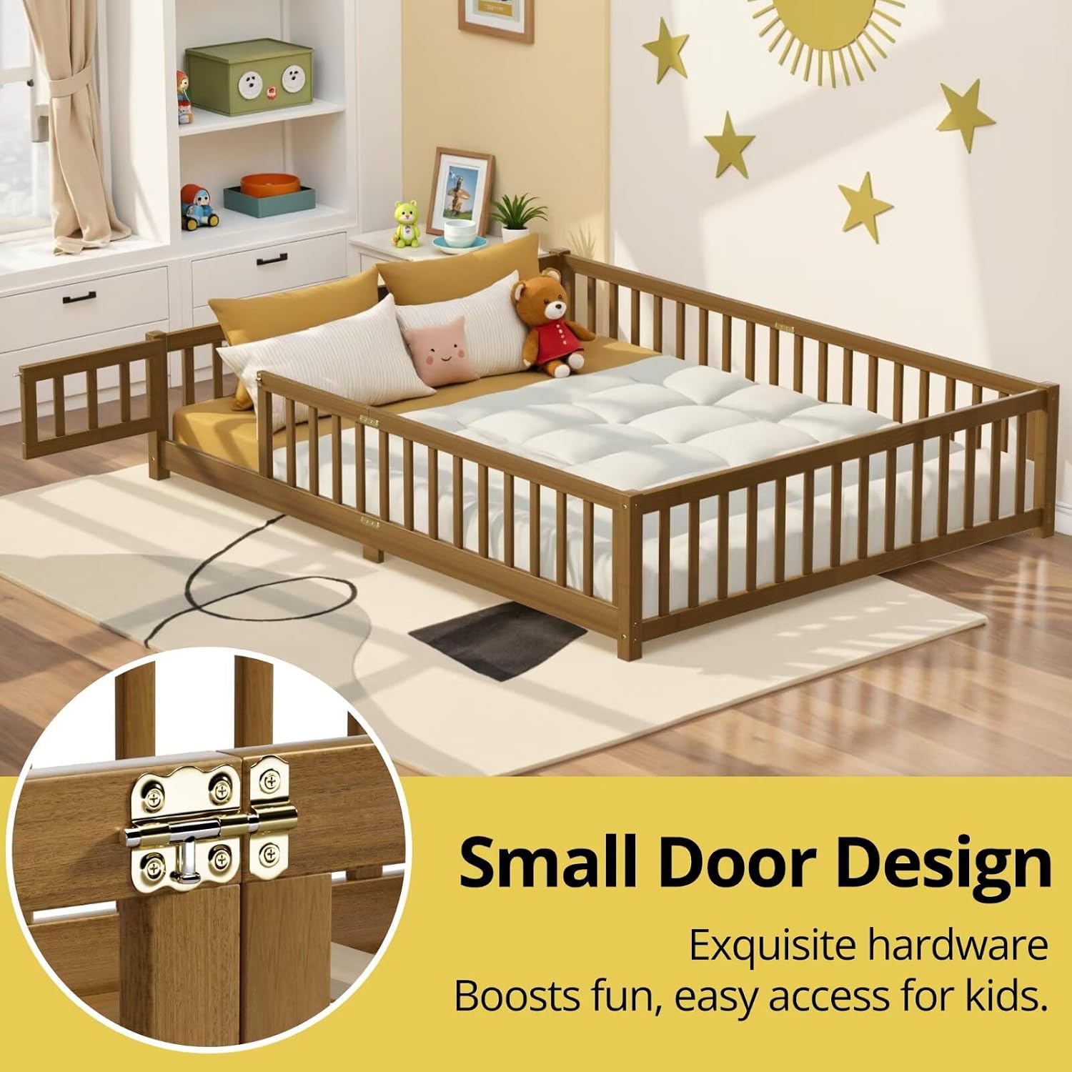 i-POOK Queen Floor Bed Frame with Wood Slats, High Fence & Small Door, Pinewood Montessori Floor Bed for Girls and Boys,Light Espresso