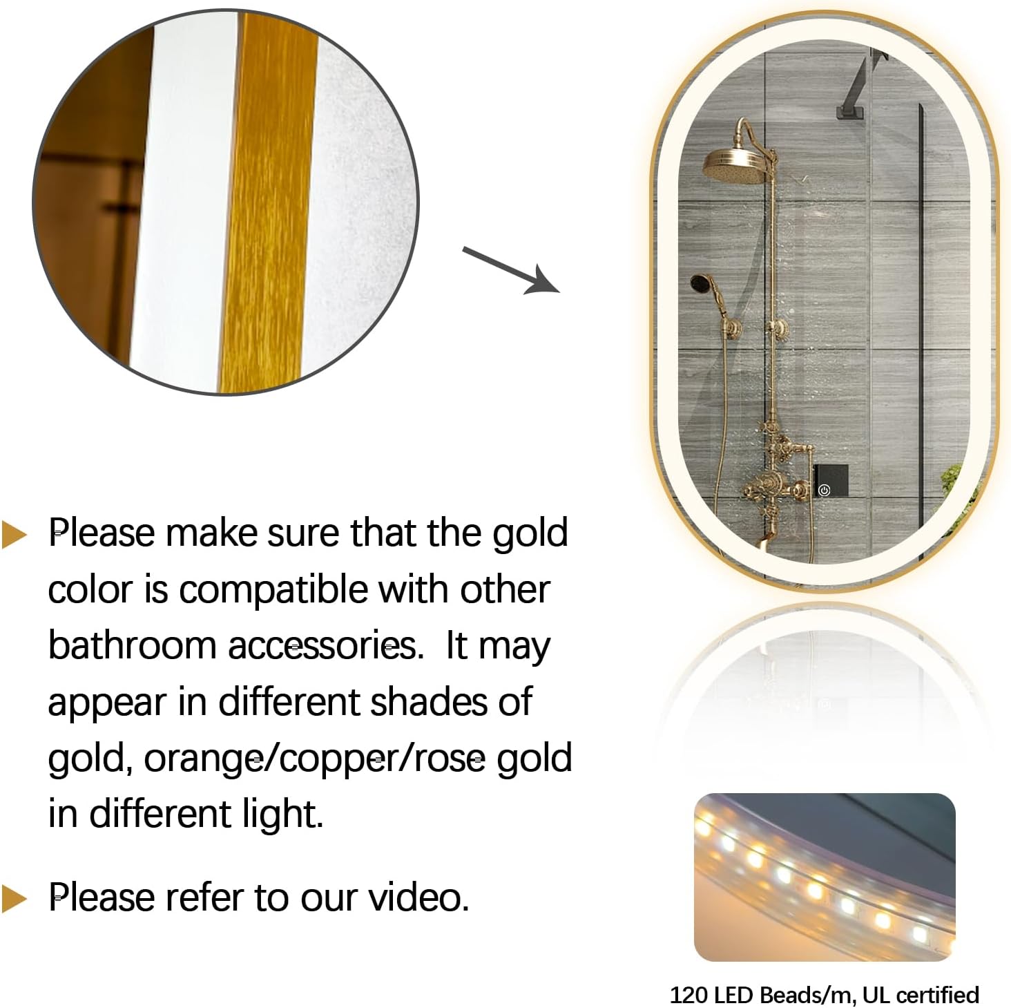 Oval LED Bathroom Mirror, 32'x20' Backlit Vanity Mirror with Light for Wall with Gold Frame, Anti-Fog, Dimmable, Frontlit, 3 Colors, Memory Function, IP65 Waterproof, UL Listed, Horizontal/Vertical