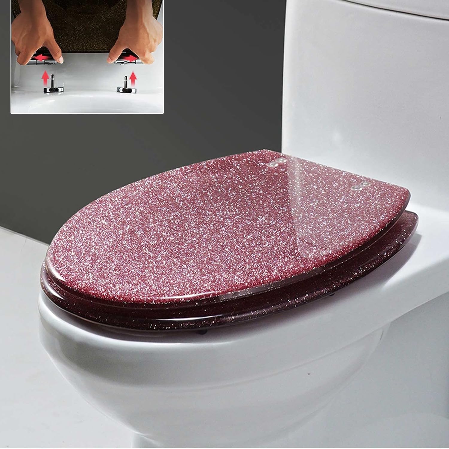 Toilet Seat Soft Close Toilet Seat Black Toilet Seat Cover, Sparkly Toilet Seat Glitter Toilet Seat Slow Close Toilet Seat Round(Gold)