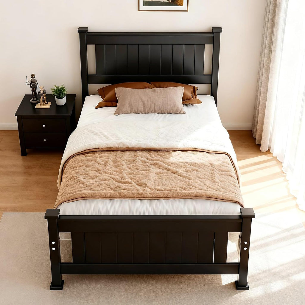 Bonnlo Twin Size Solid Wood Platform Bed Frame, Single Bed with Headboard, No Box Spring Needed Panel Bed, Wood Slat Support Mattress Foundation,Black
