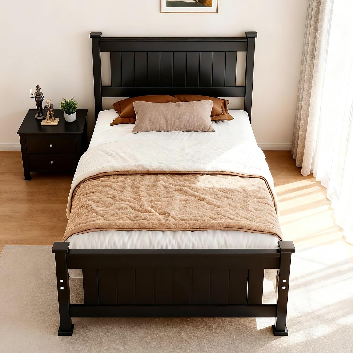 Bonnlo Twin Size Solid Wood Platform Bed Frame, Single Bed with Headboard, No Box Spring Needed Panel Bed, Wood Slat Support Mattress Foundation,Black