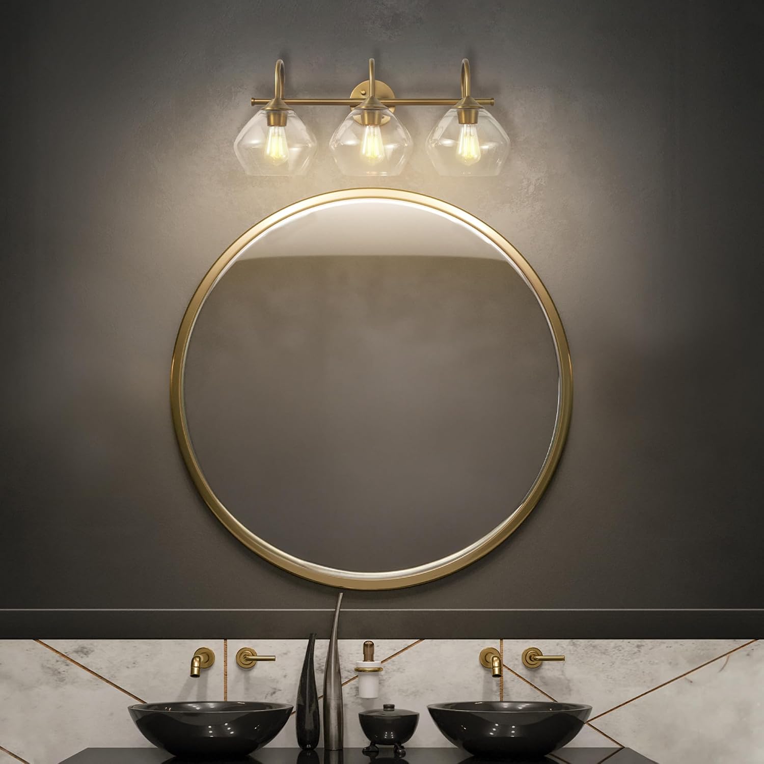 Globe Electric 63000103 26' 3-Light Vanity Fixture, Brass Finish, Clear Glass Shades, Beauty Room Accessories, Bathroom Lighting Over Mirror, Makeup Lights, Wall Light, Home Essentials, House Décor