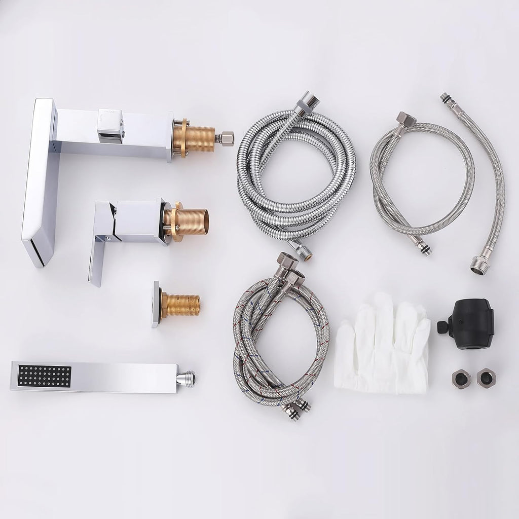Waterfall Roman Tub Faucet with Hand Shower, Deck Mount Tub Filler Bathtub Faucet with Sprayer, Brass Widespread 3 Hole Bathtub Shower Faucet Set, Chrome