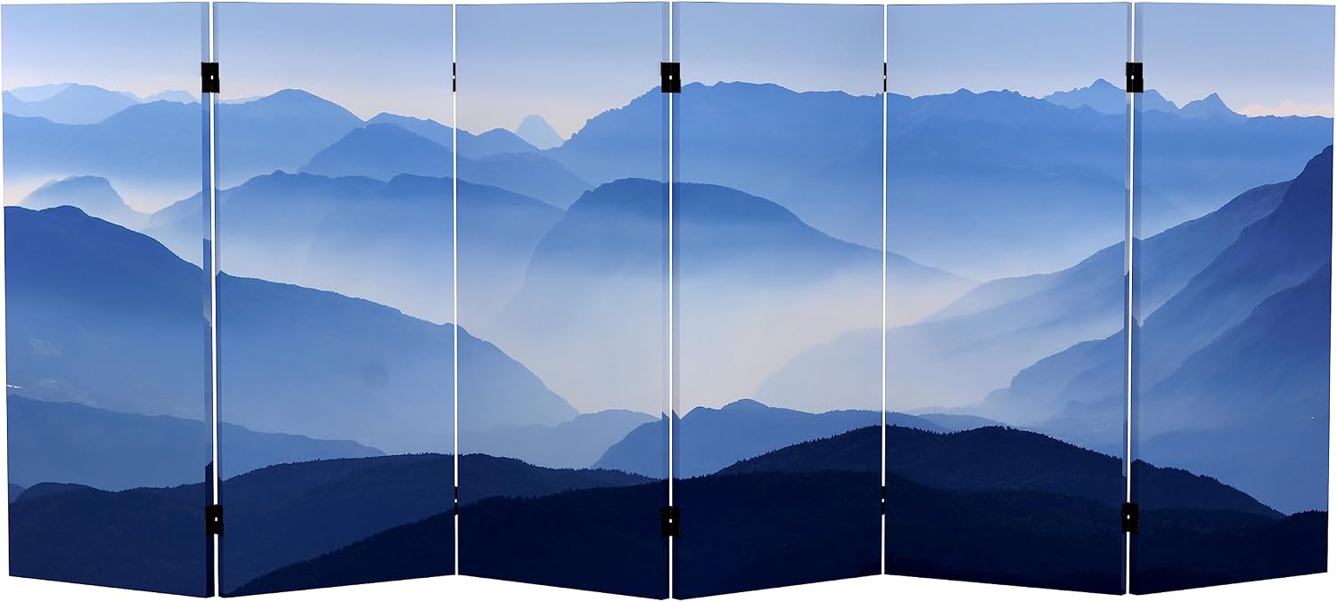 Red Lantern 3 ft. Short Double Sided Misty Mountain Canvas Folding Screen 6 Panel Freestanding Partition and Separator for Modern and Contemporary Bedroom, Home Office, Studio, Dorm, Apartment