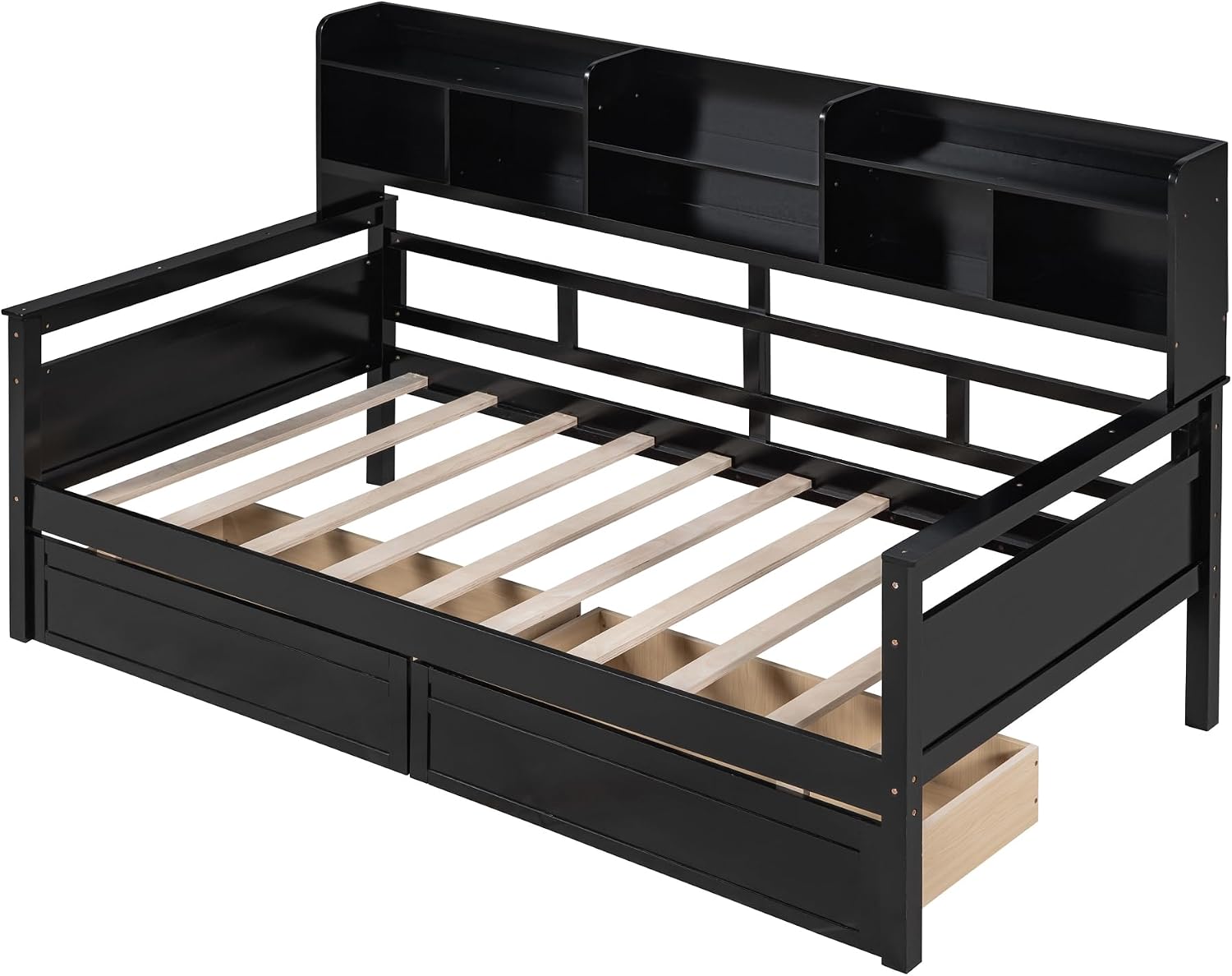 Merax Daybed with Bedside Shelves and 2 Drawers, Wooden Slats Support, Modern Living Daybed with Rails, Twin Size, Espresso