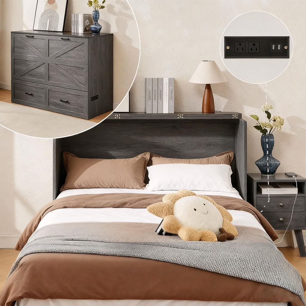 Full Murphy Bed Cabinet with Charging Station and Storage, Farmhouse Foldable Platform Bed for Guest Bedroom,Home Office Bed Frame with Storage,Rustic Grey (Full Size)