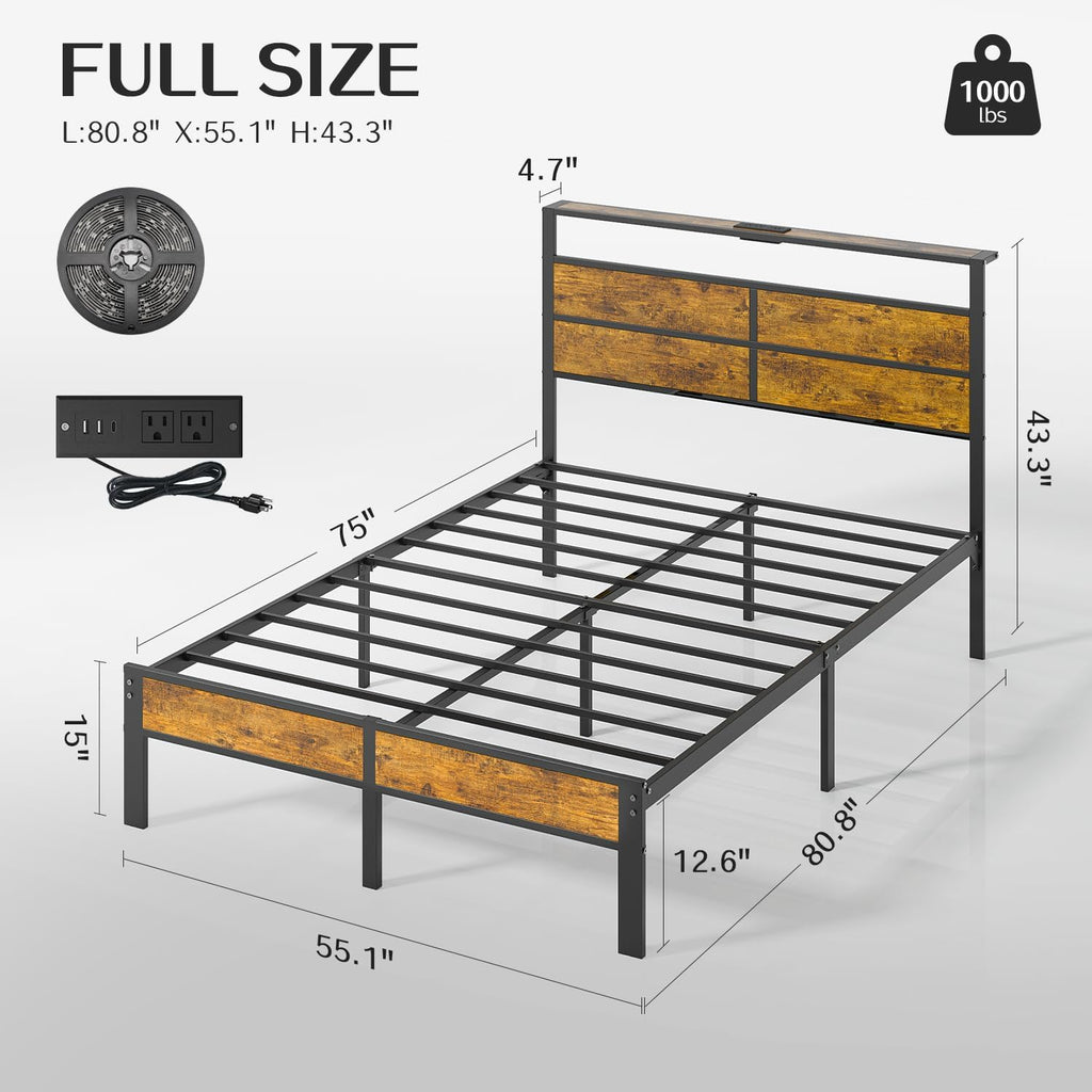 Liians Full Metal Bed Frame with USB Charging Station, Headboard Storage, LED Lights, Noise-Free Design, No Box Spring Needed Visit the Store