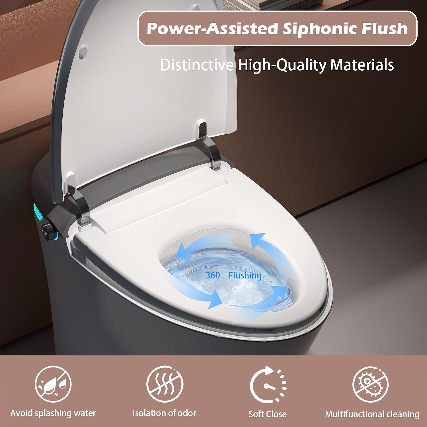 WinZo Smart Toilet With Bidet, ADA One-Piece Elongated, Auto Open/Close & Flush, Heated Seat, Front & Rear Wash, LED Display, Night Light, 12-inch Rough-in, White, Ceramic (Gery)