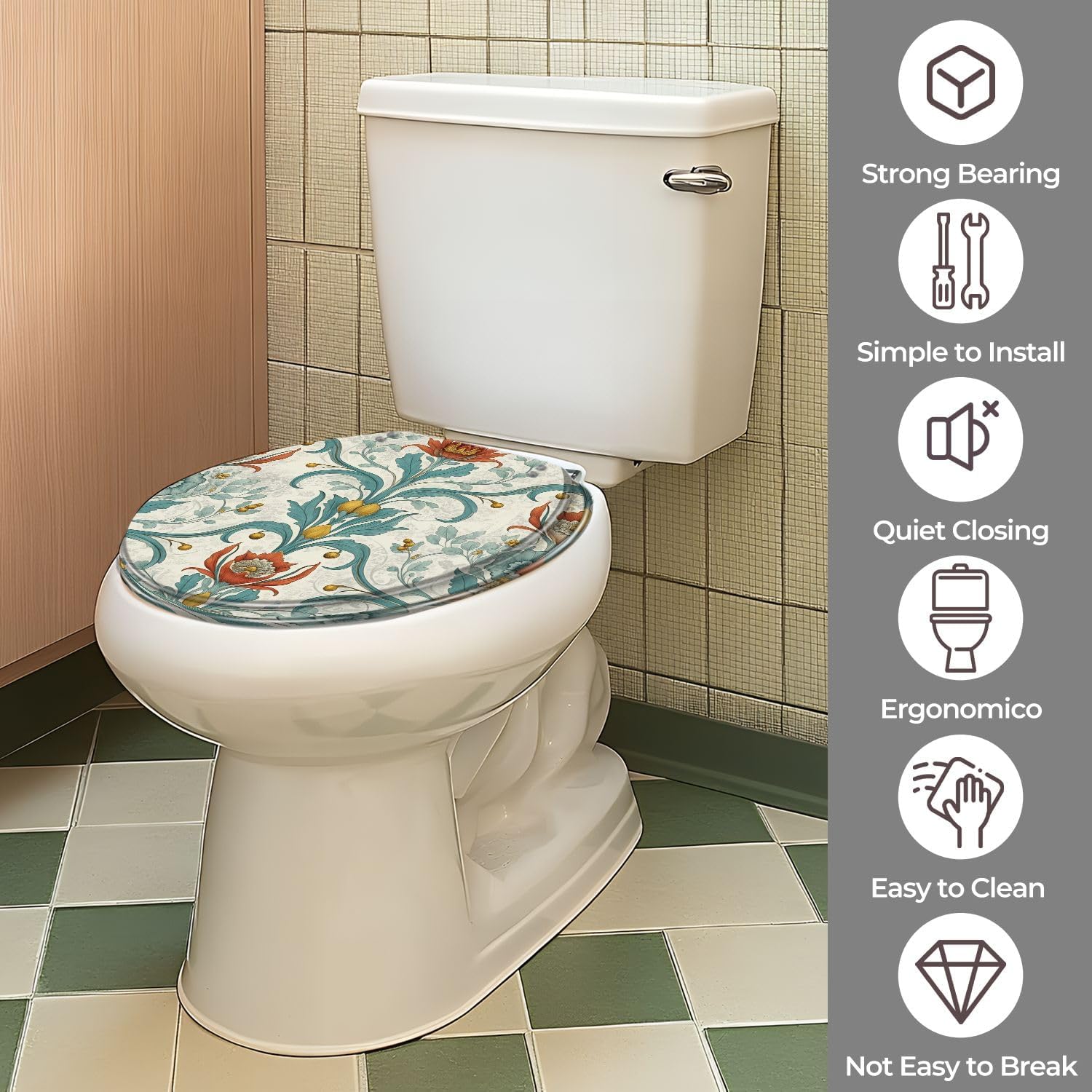 Round Toilet Seat Floral Vibrant Red Teal Yellow Motifs Victorian Vintage Resin Toilet Seat with Quietly Close Quick Release Hinges Decorative Toilet Seat with Cover Easy to Clean and Install