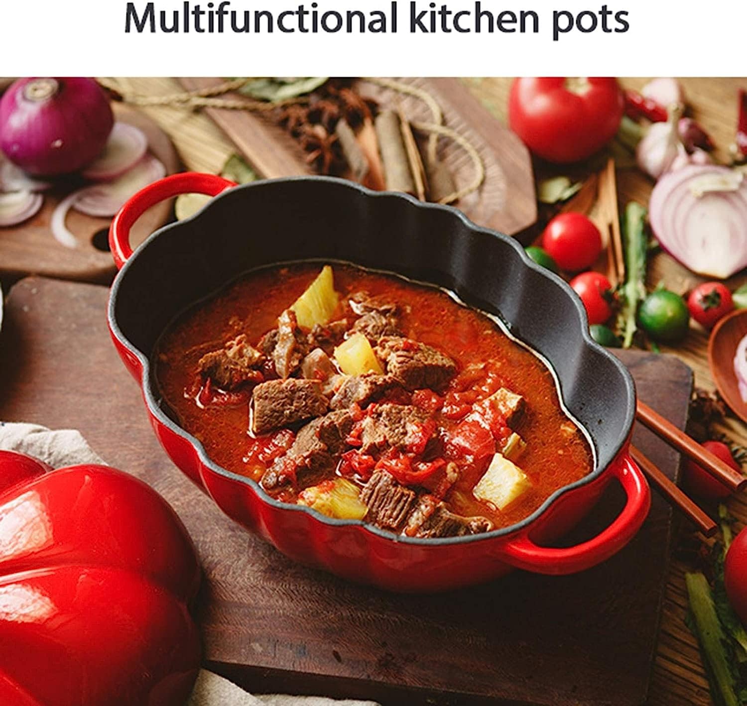 Induction Enameled Cast Iron Dutch Oven Gas Stoves Tomato-Shaped Braiser Nonstick Dual Handles with Lid for 3-5 People