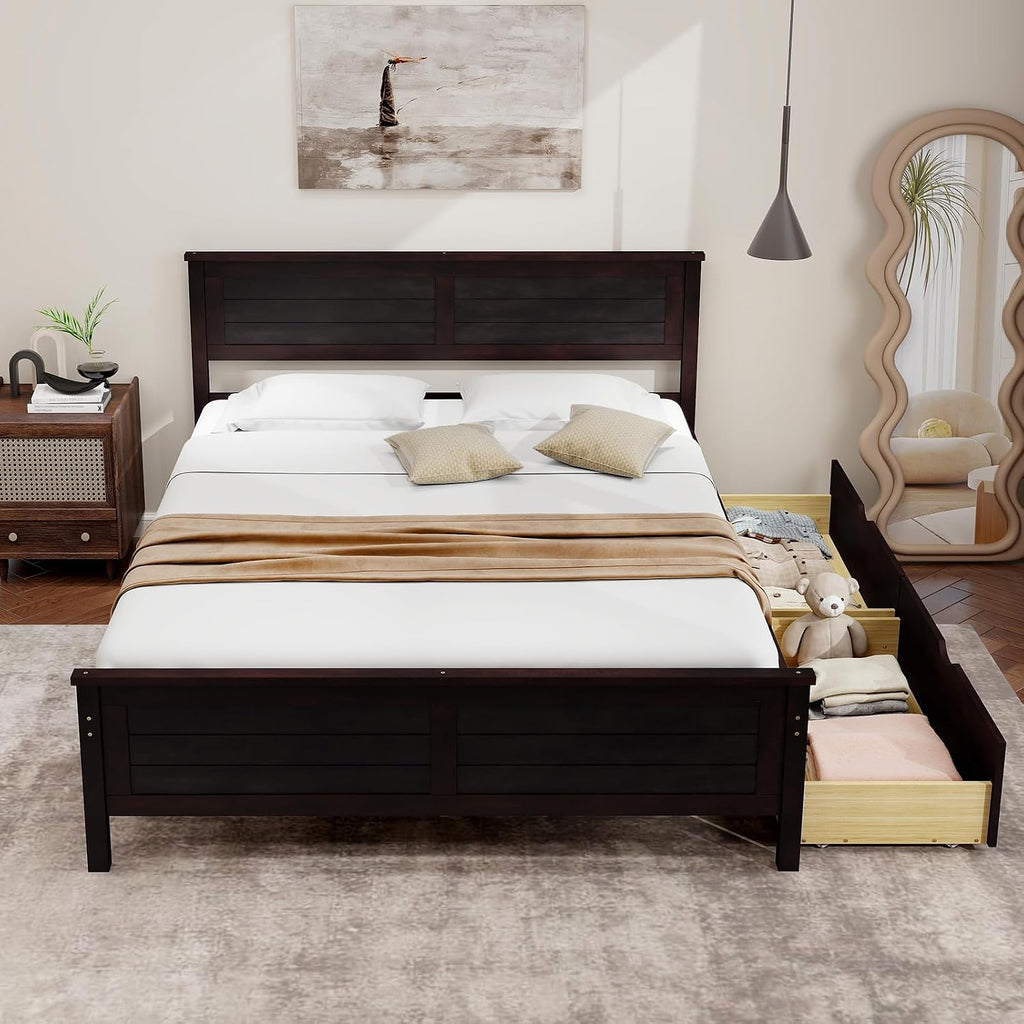 Giantex Wood Full Size Bed Frame with 2 Storage Drawers, Solid Wood Platform Bed with Headboard, Wooden Slats Mattress Foundation, No Spring Needed, Full Bed Frame for Kids, Teens, Adults, Espresso