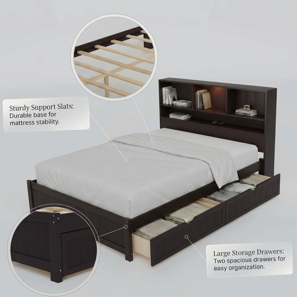 MERITLINE Twin Bed with Storage Headboard,Drawers,Charging Station and LED Lights, Wood Platform Bed with Storage Bookcase, No Box Spring Needed (Twin,Espresso)