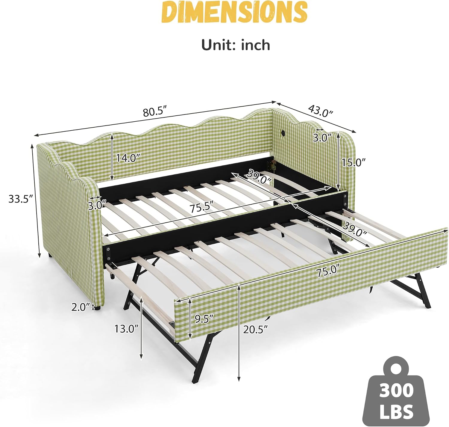 DEINPPA Twin Size Upholstered Daybed with Trundle, Gingham Daybed with USB Ports for Bedroom Living Room Guest Room-Green