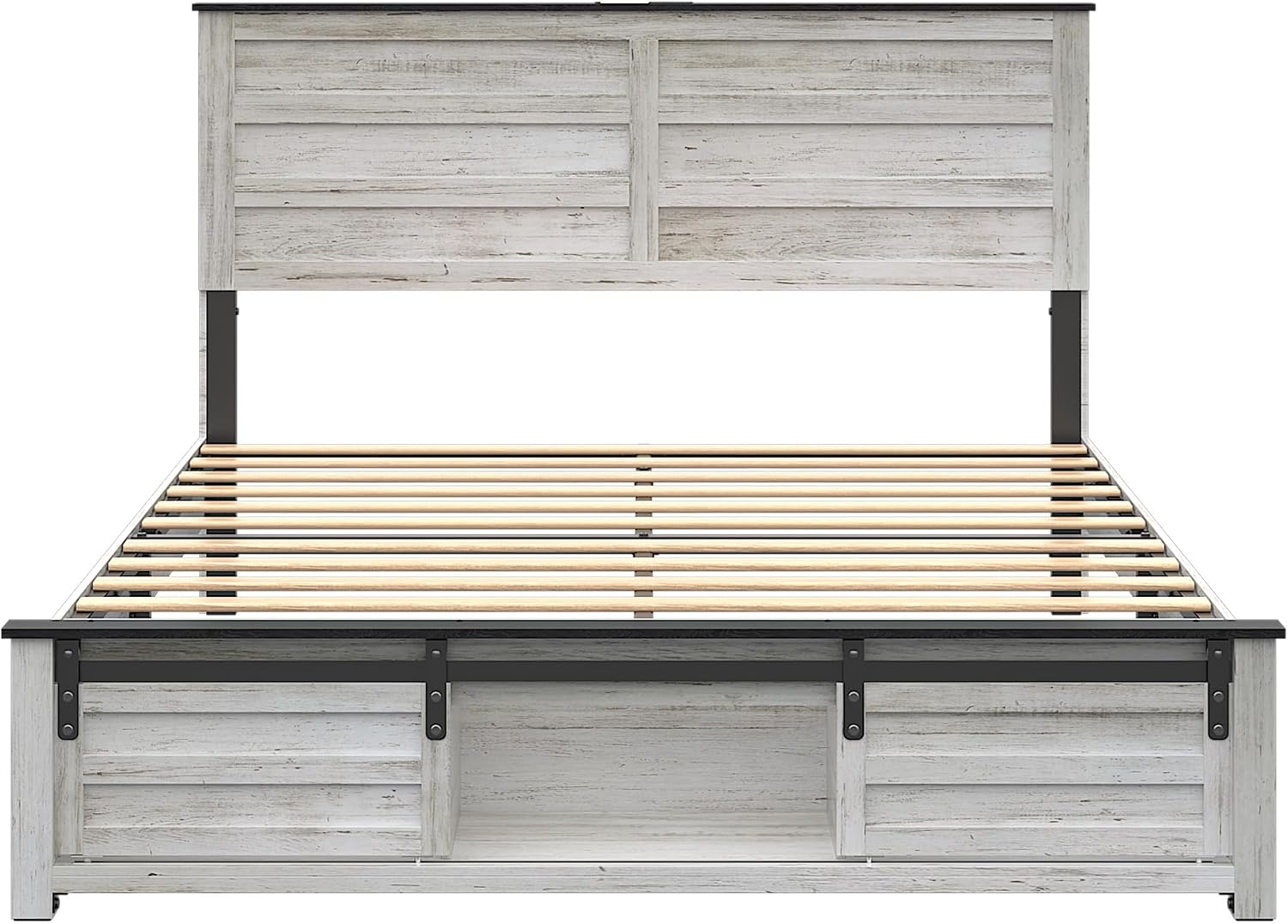 Wooden Bed Frame King Size with Headboard & Sliding Barn Door Storage Footboard, Farmhouse Platform Bedframe with Charging Station and LED Lights, No Box Spring Needed, Boho White