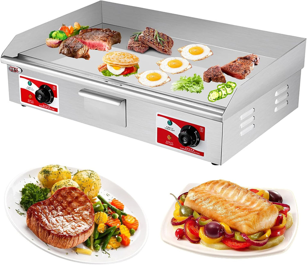 Commercial Electric Griddle Flat Top Grill Hot Plate BBQ Temperature Control Electric Countertop Griddle Non-Stick Chrome-Plated Restaurant Teppanyaki Grill for BBQ Grill Party,28.5in