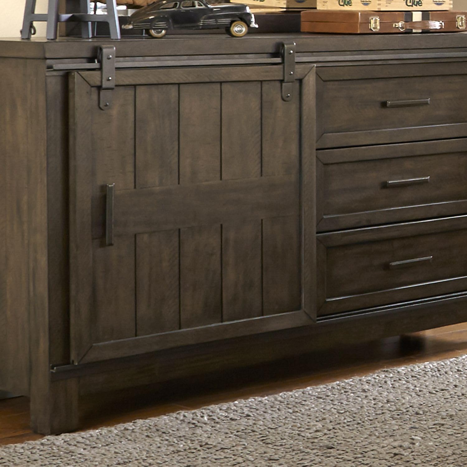 Liberty Furniture Thornwood Hills Full Bookcase Bed, Dresser & Mirror Rustic Youth Bedroom Set - Rock Beaten Brown with Saw Cuts