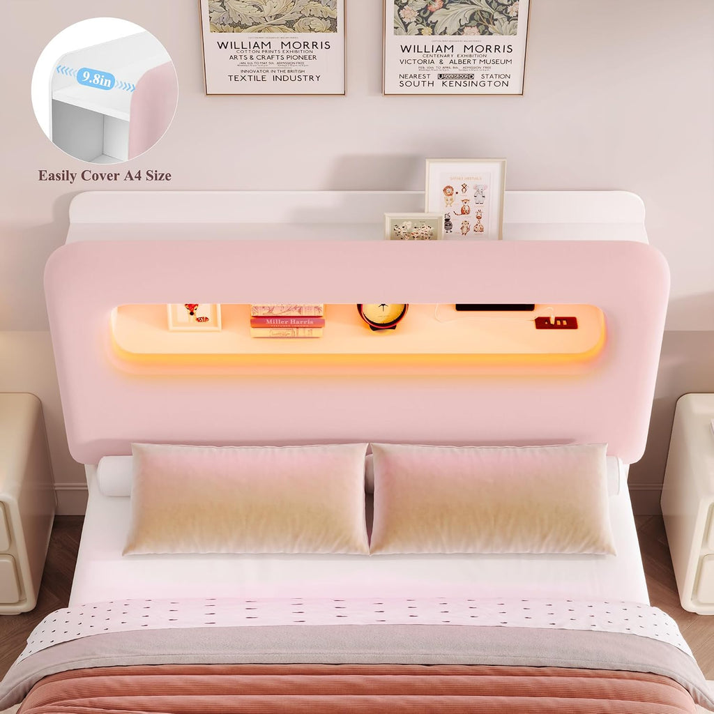 HOSTACK Full LED Bed Frame with Storage Headboard and Charging Station, Girls Bed Frame with 2 Drawers and USB Ports, Velvet Upholstered Platform Bed Frame with Bookcase, No Box Spring Needed, Pink
