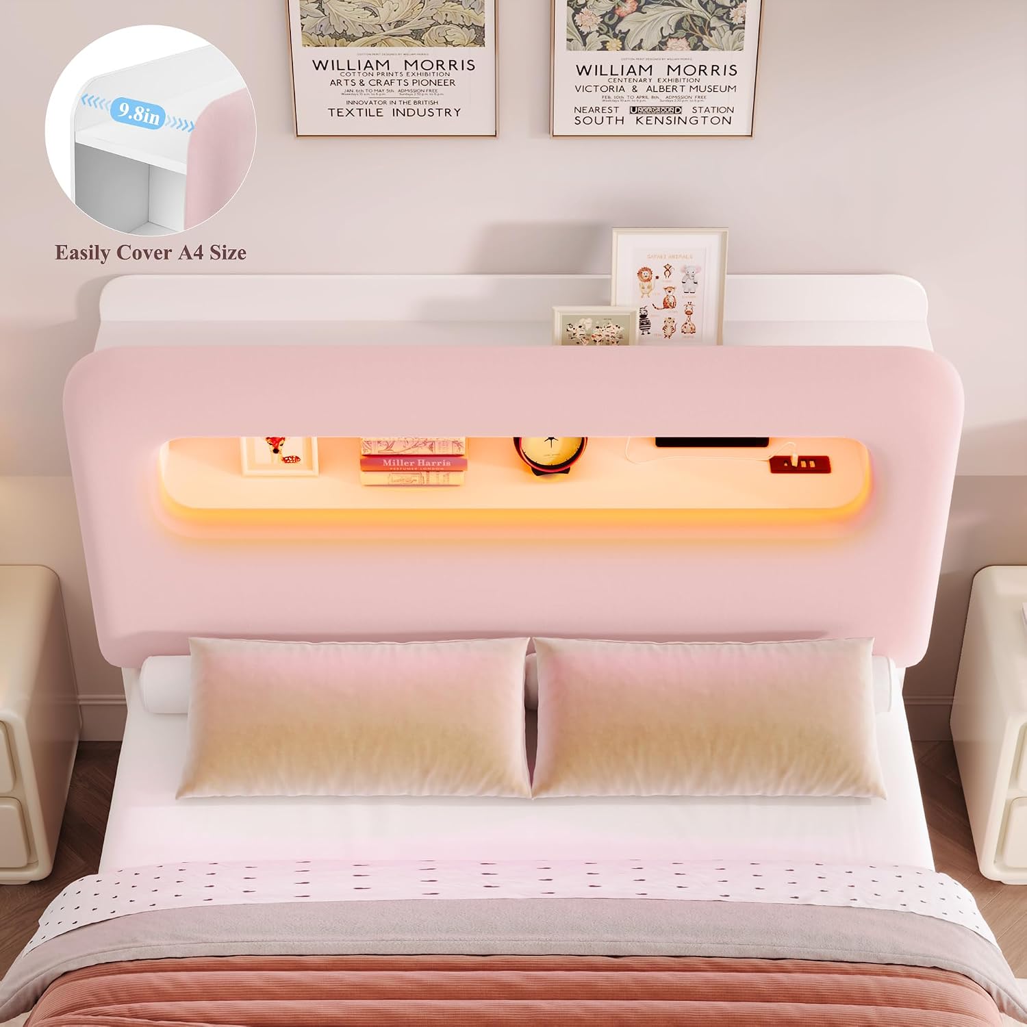 HOSTACK Full LED Bed Frame with Storage Headboard and Charging Station, Girls Bed Frame with 2 Drawers and USB Ports, Velvet Upholstered Platform Bed Frame with Bookcase, No Box Spring Needed, Pink