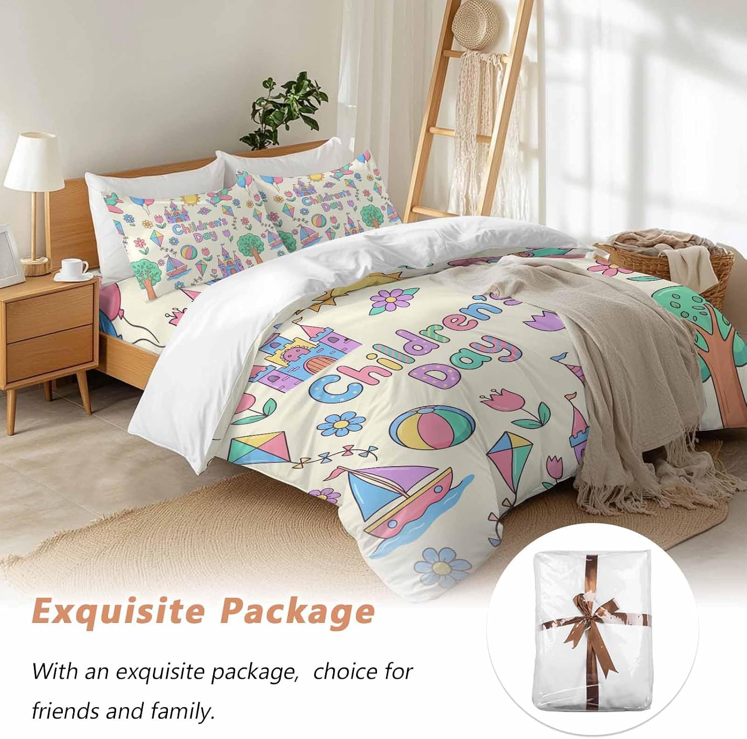 Children's Day Duvet Cover Set Queen Size 4 Pieces Cartoon Sun Airplanes Castles Kites Boat Balloon Beige Bedding Set with Zipper Closure, 1 Comforter Cover 90x92 Inches 1 Flat Sheet & 2 Pillow Cases