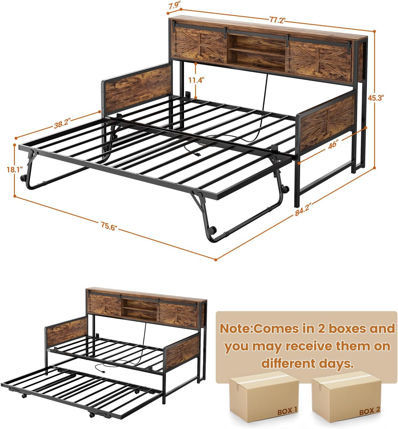 Homieasy Farmhouse Twin Daybed with Pop-Up Trundle, Metal Trundle Bed Frame with Bookcase Headboard, Charging Station & Barn Door Storage for Bedroom & Guest Room, Rustic Brown