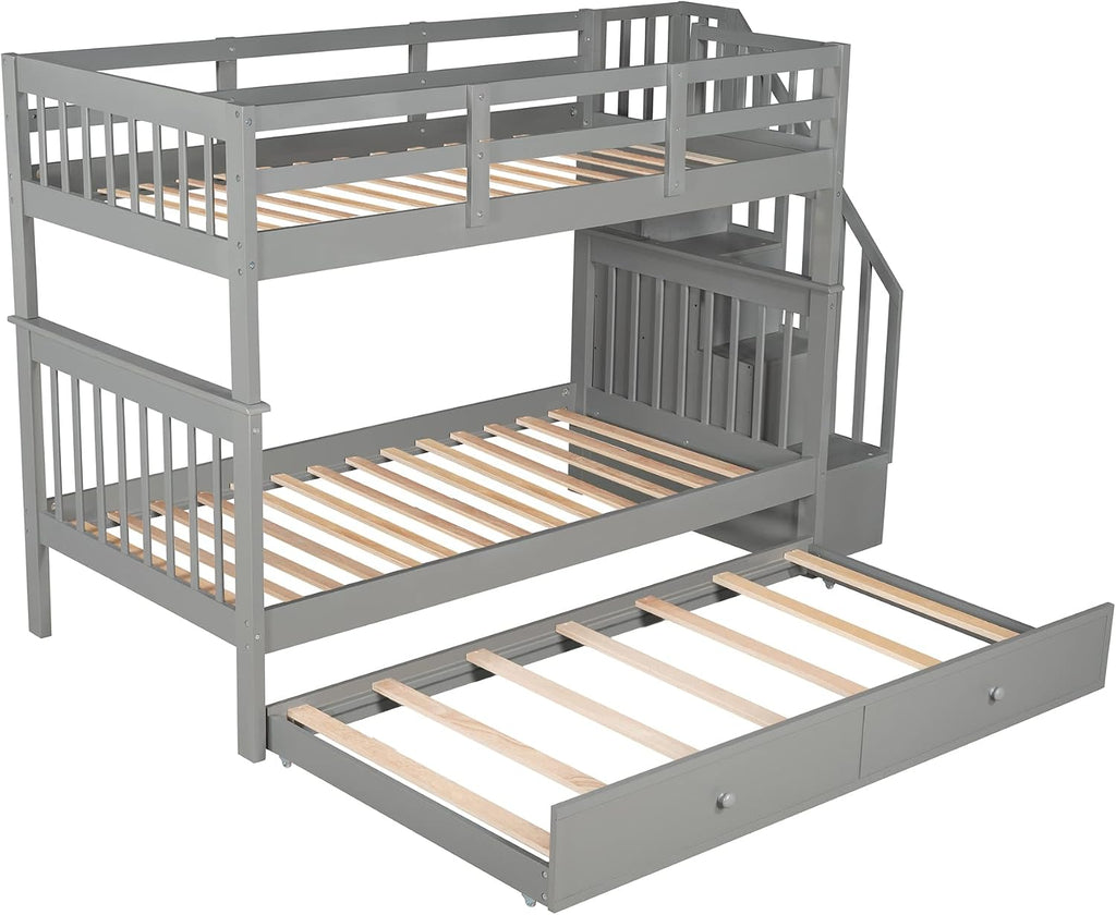 Harper & Bright Designs Twin-Over-Twin Bunk Bed with Trundle and Storage Staircase, Solid Wood 3 in 1 Stairway Bunk Bed with Trundle, Grey