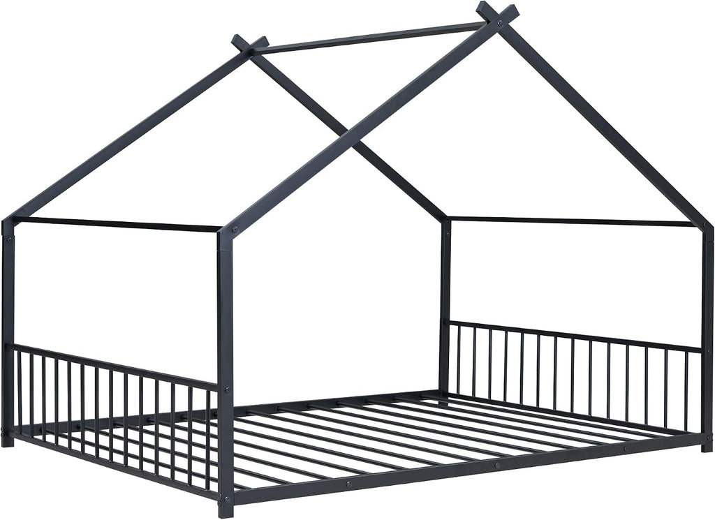 Bellemave Full Floor BedFrame with Slats for Kids, Metal Montessori Floor Beds, Full House Bed for Kids, Black with roof