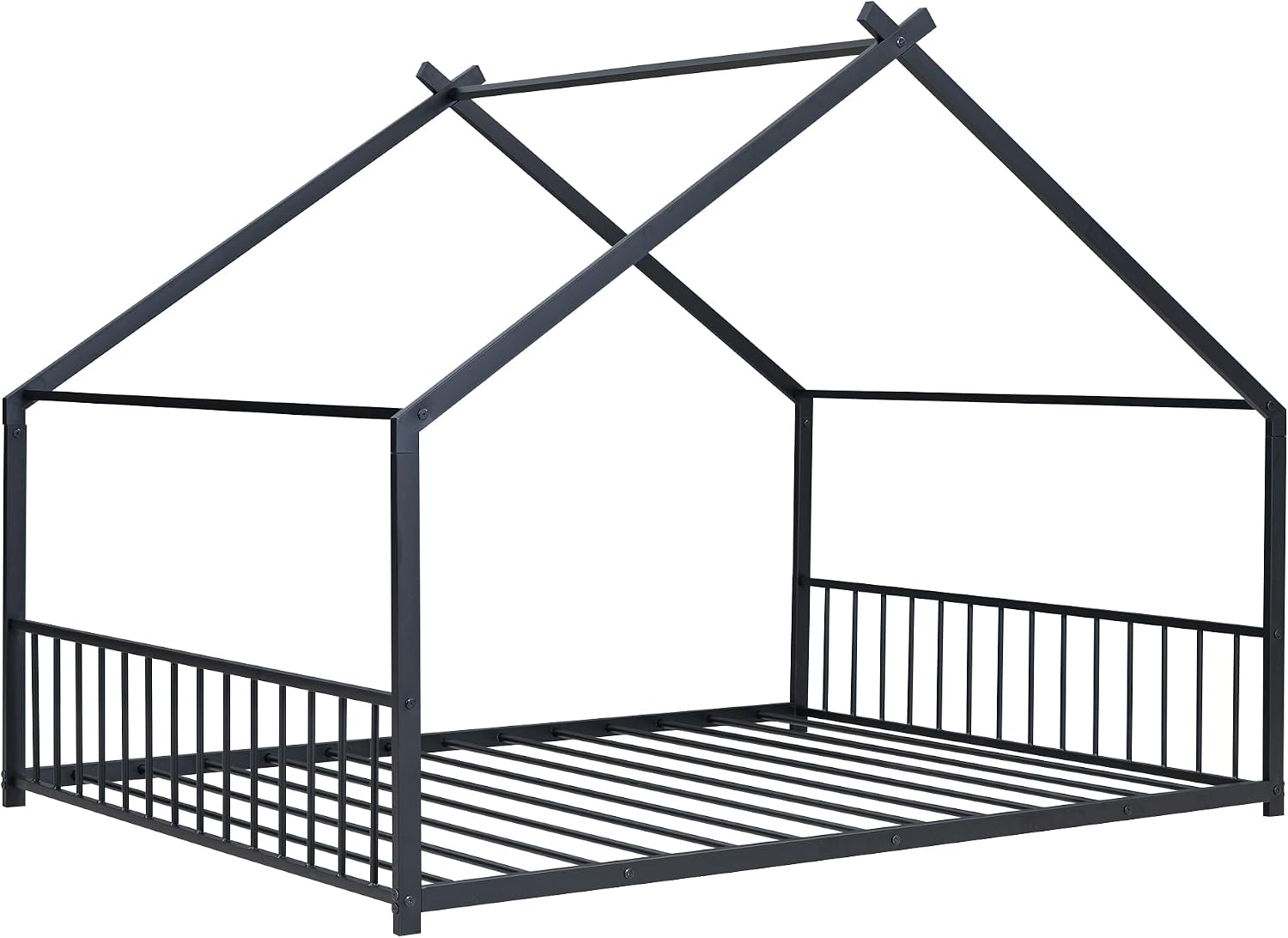 Bellemave Full Floor BedFrame with Slats for Kids, Metal Montessori Floor Beds, Full House Bed for Kids, Black with roof