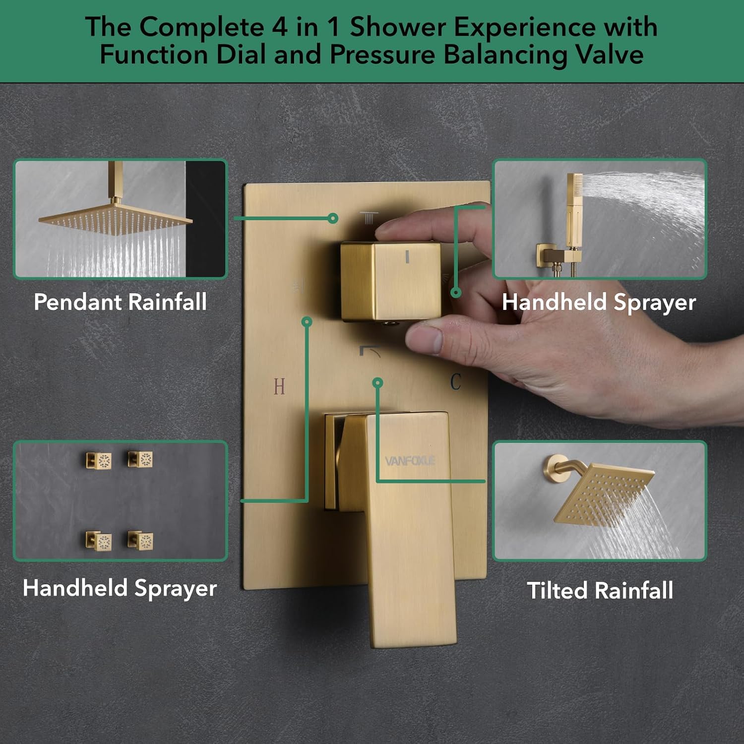 VANFOXLE Shower Faucet Set Brushed Gold Shower System,Four Modes Shower Faucet with 2 in 1 Handheld,Ceiling Mount 10 Inch Shower Head with 6 Inch Shower Head, 4 PCS Dual Modes Body Jets