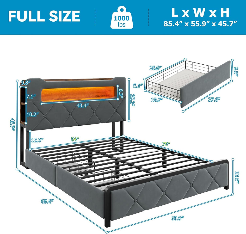Jocoevol Full Upholstered LED Bed Frame with 2 Storage Drawers and 2-Tier Storage Headboard, Velvet Platform Bed with Charging Station & Bookcase, Heavy Duty Metal Support, No Box Spring Needed, Grey