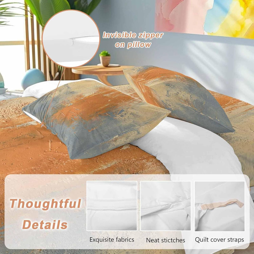 Abstract Art Duvet Cover Set Queen Size 4 Pieces Orange Grey Wall Mottled Texture Minimalist Modern Bedding Set with Zipper Closure, 1 Comforter Cover 86x86 Inches 1 Flat Sheet & 2 Pillow Cases