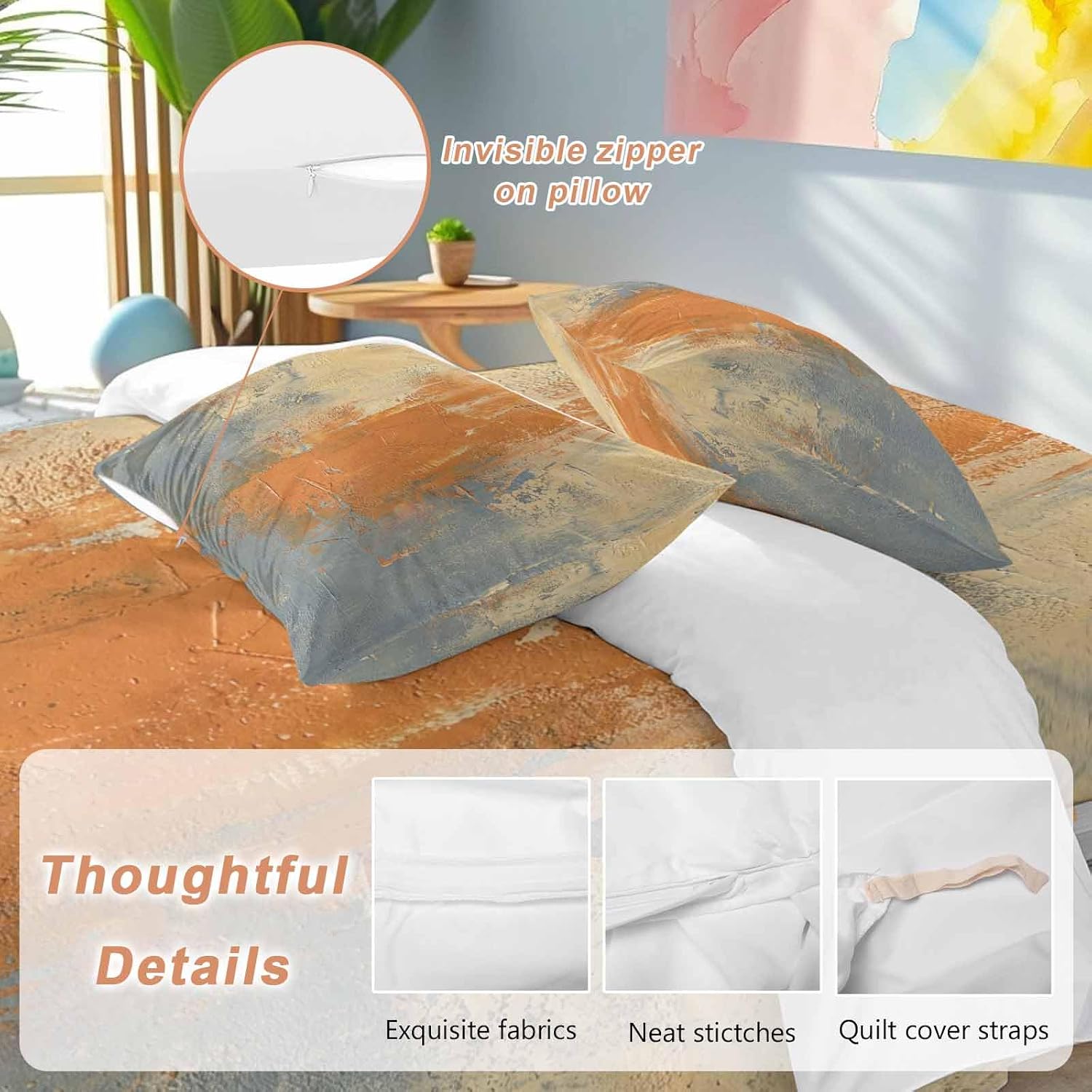 Abstract Art Duvet Cover Set Queen Size 4 Pieces Orange Grey Wall Mottled Texture Minimalist Modern Bedding Set with Zipper Closure, 1 Comforter Cover 90x92 Inches 1 Flat Sheet & 2 Pillow Cases
