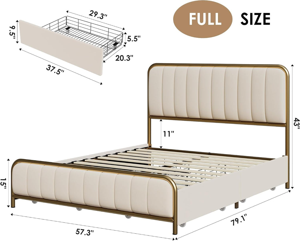 HITHOS Upholstered Full Size Bed Frame with 4 Storage Drawers and Headboard, Heavy Duty Metal Mattress Foundation with Wooden Slats, Easy Assembly, No Box Spring Needed (Golden/Off White, Full)