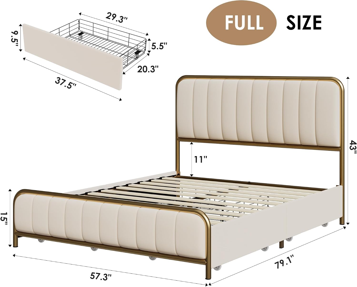 HITHOS Upholstered Full Size Bed Frame with 4 Storage Drawers and Headboard, Heavy Duty Metal Mattress Foundation with Wooden Slats, Easy Assembly, No Box Spring Needed (Golden/Off White, Full)
