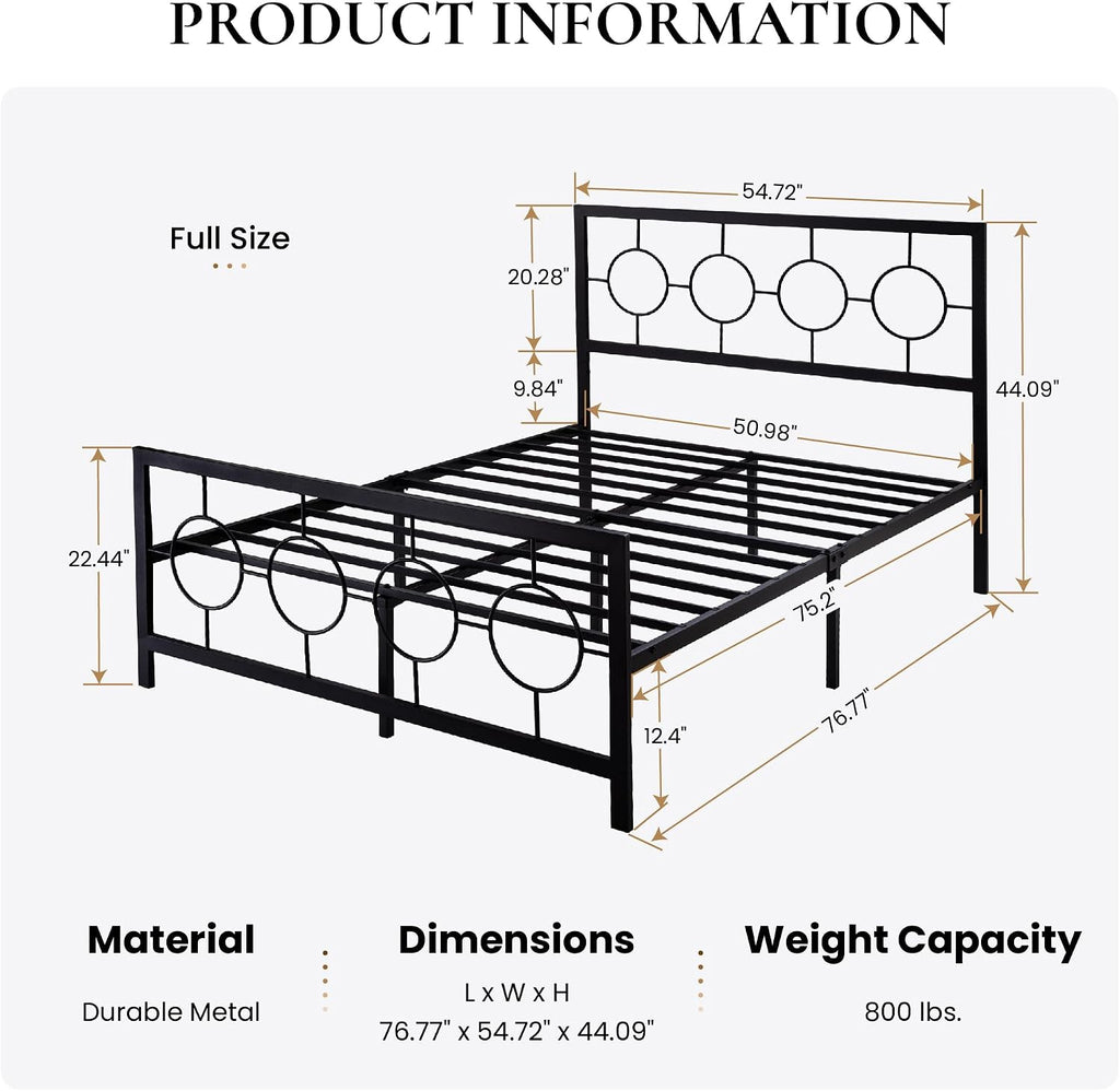 SHA CERLIN Full Size Metal Bed Frame with Vintage Circular Design Headboard and Footboard,No Box Spring Required,Easy Assembly,Noise-Free,Black