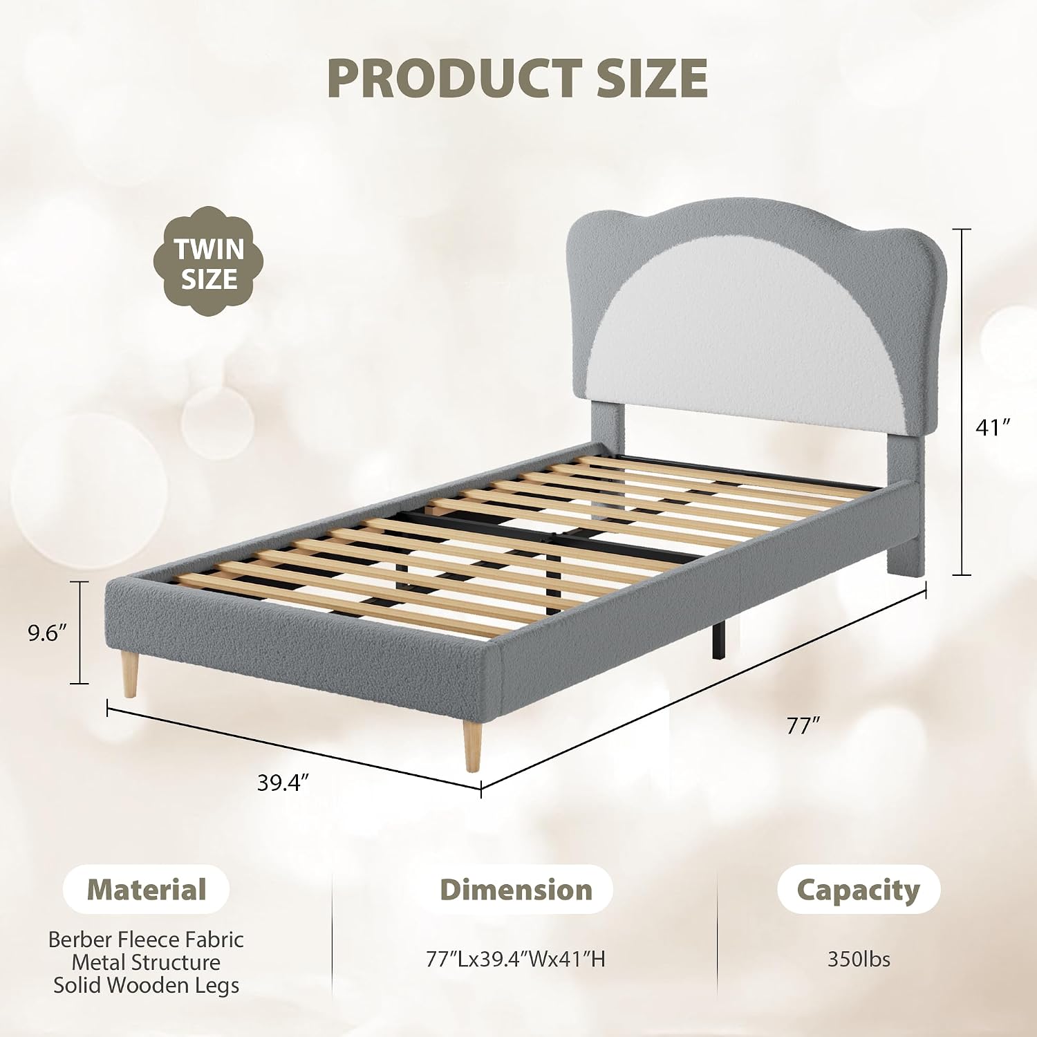 GarveeHome Twin Size Bed Frame for Kids - Cute Velvet Princess Platform Bed with Upholstered Headboard for Girls/Boys, Solid Wood Slats Support, No Box Spring Needed, Gray + White