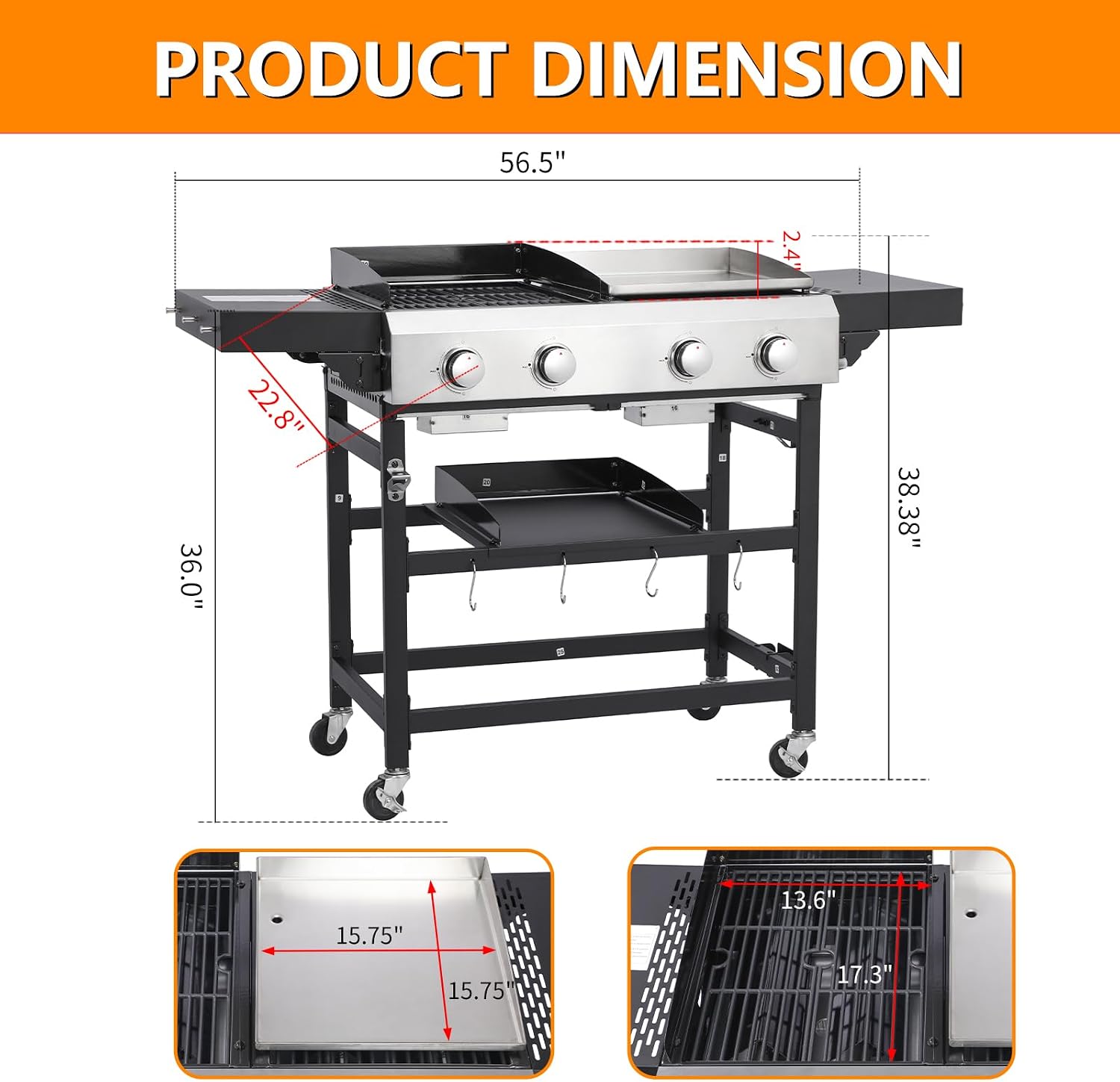 CIG GARDEN 4-Burner Propane Gas Grill and Griddle Combo, 42,000 BTU Output BBQ Grill with Cast Iron Grates, Perfect for Outdoor Cooking, Balcony, Backyard, Camping, Barbecue