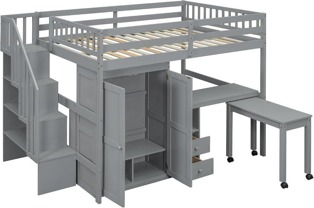 Merax Full Multifunction Loft Bed with Desk, Wardrobe, Drawers, Wood Loft Bed with Staircase & Full Length Gardrails for Boys, Girls, No Box Spring Needed Gray
