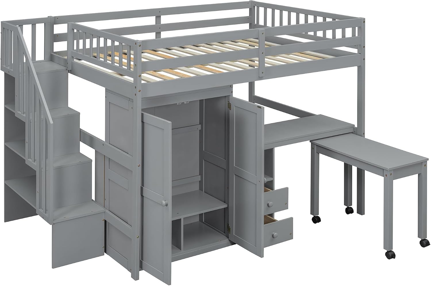 Merax Full Multifunction Loft Bed with Desk, Wardrobe, Drawers, Wood Loft Bed with Staircase & Full Length Gardrails for Boys, Girls, No Box Spring Needed Gray