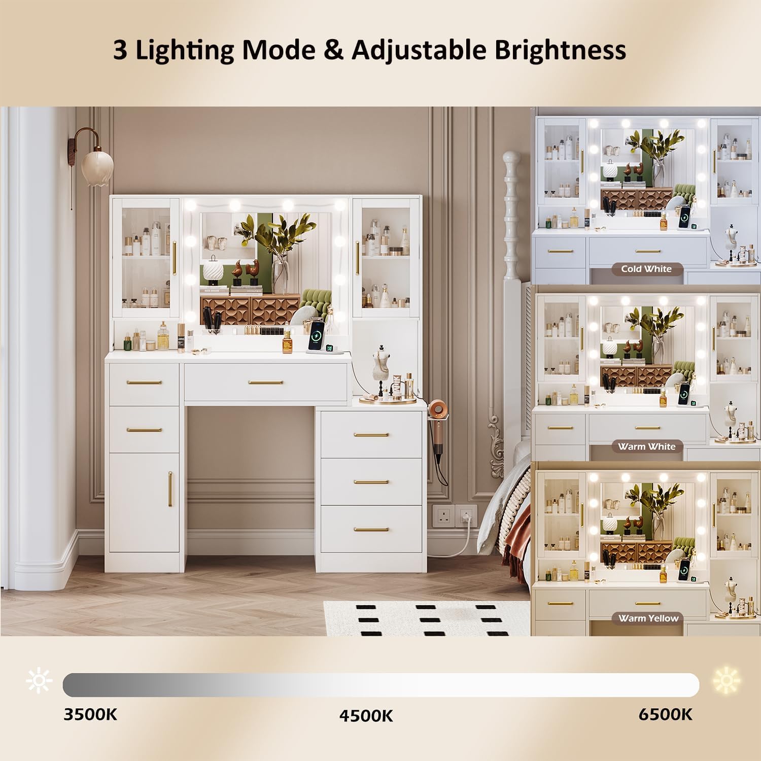 TOKSOM 51' Vanity Desk with Mirror and Lights & Charging Station, Bedroom Dressing Table, Large Vanity Set, 6 Drawers and 2 Cabinets, Makeup Vanity Table with Charging Station, Without Stool