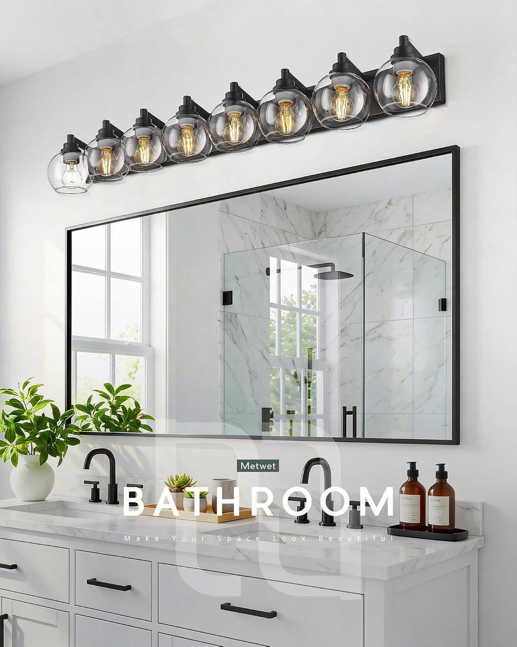8-Light Bathroom Light Fixtures, Matte Black Vanity Light, 52 Inch Modern Wall Sconces with Globe Clear Glass Shade, Vanity Lighting Fixtures Over Mirror, VL195-MB-8